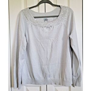 Chico's 2 Sweater Silver‎ Pullover Lightweight Metallic Beaded Stretch Long Slv